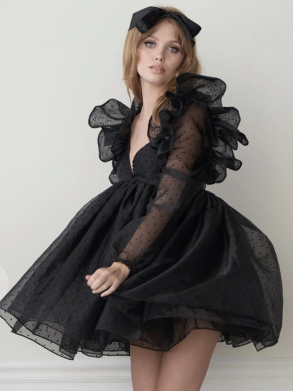 Selkie Black Polka Dot Ruffle Mini Dress